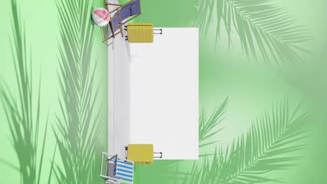 vertical-3d-rendering-animation-of-product-empty-copy-space-with-light-set-up-and-travel-concept-with-laptop-and-suitcase-on-tropical-palm-beach-green-background