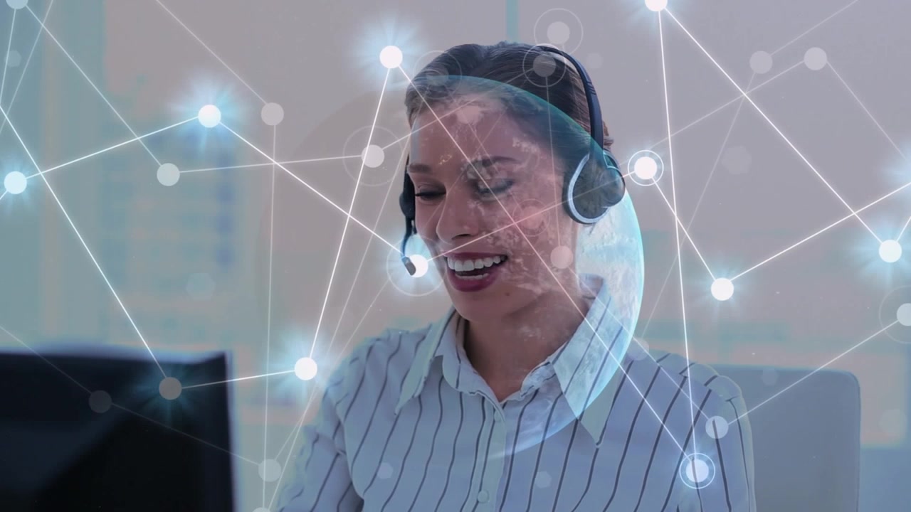 Animação de conexões sobre uma empresária usando um fone de ouvido de telefone.
