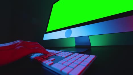 hands typing on a keyboard and green screen display.