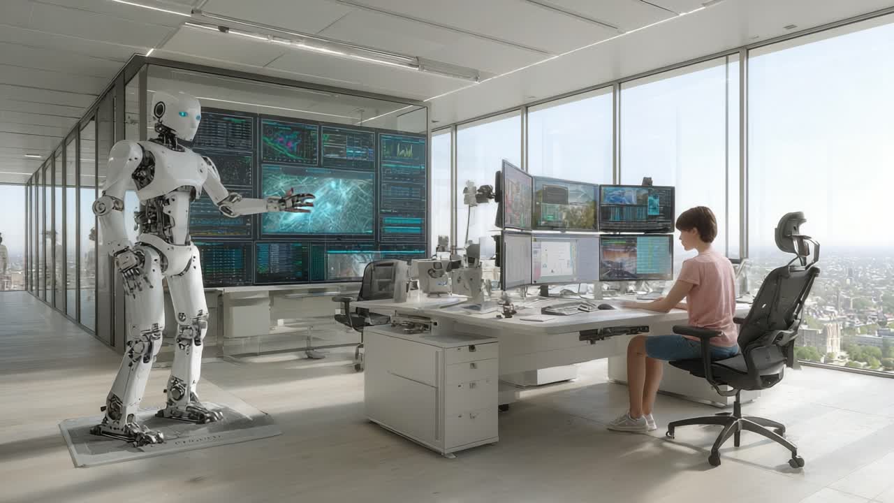 Et blik ind i fremtiden: En avanceret humanoid robot med et menneske ved en højteknologisk kontrolstation i et moderne glaskontormiljø