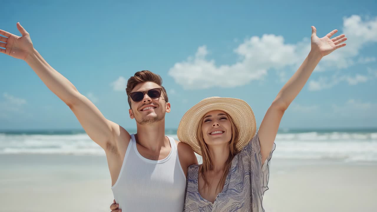Opening showing couple raising arms in V-shape on beach, wearing straw sunhat and dark sunglasses