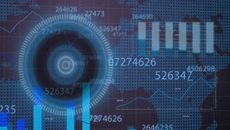 Animación-De-Escaneo-De-Alcance,-Procesamiento-De-Datos-Y-Cambio-De-Números-En-El-Mapa-Mundial-En-Segundo-Plano