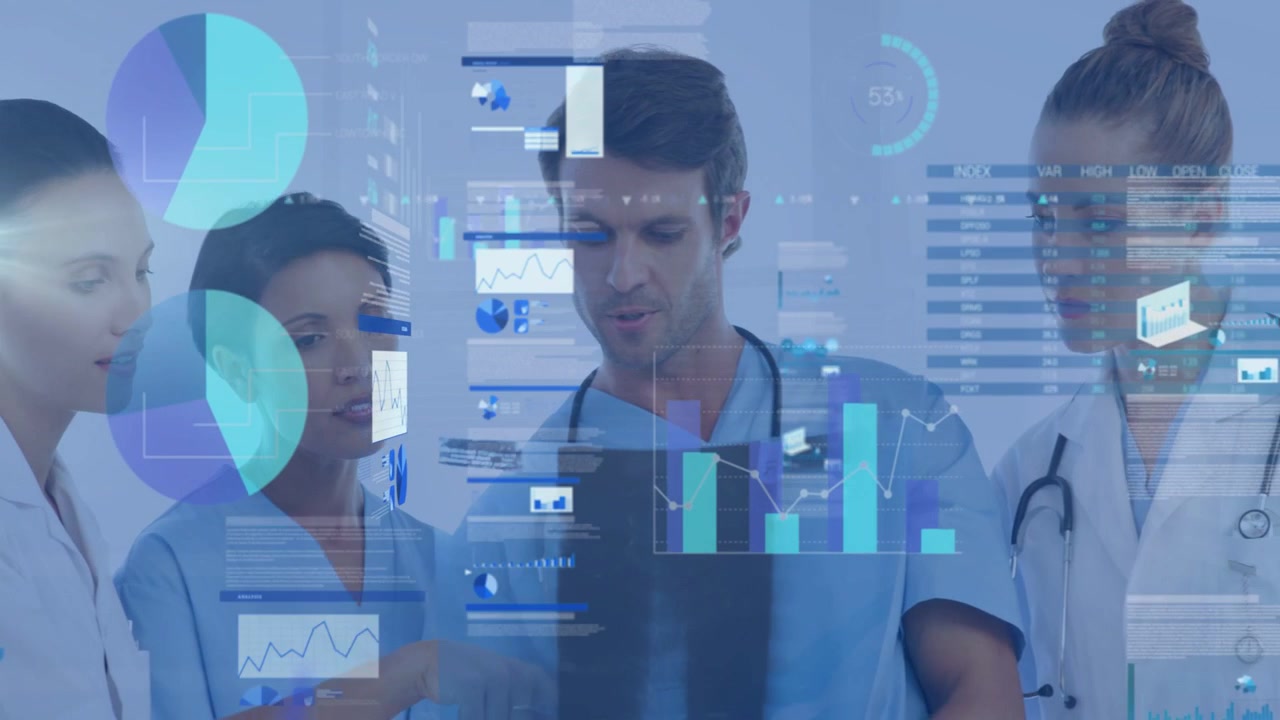 Medical team reviewing patient data in clinic room, male raising tablet causing charts updating