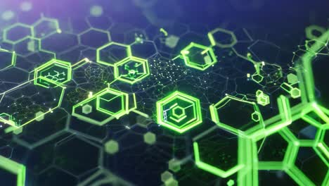 a green and black image of hexagons and dots. the image is abstract and has a futuristic feel to it