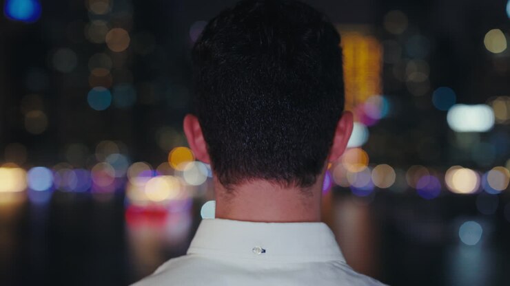 Man Looking at City Lights at Night
