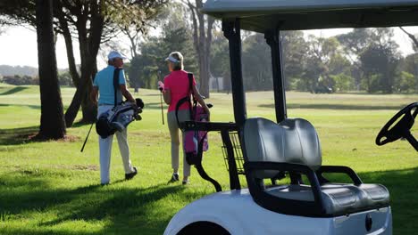 Zwei-Golfer-Gehen-Zusammen-Mit-Golftasche