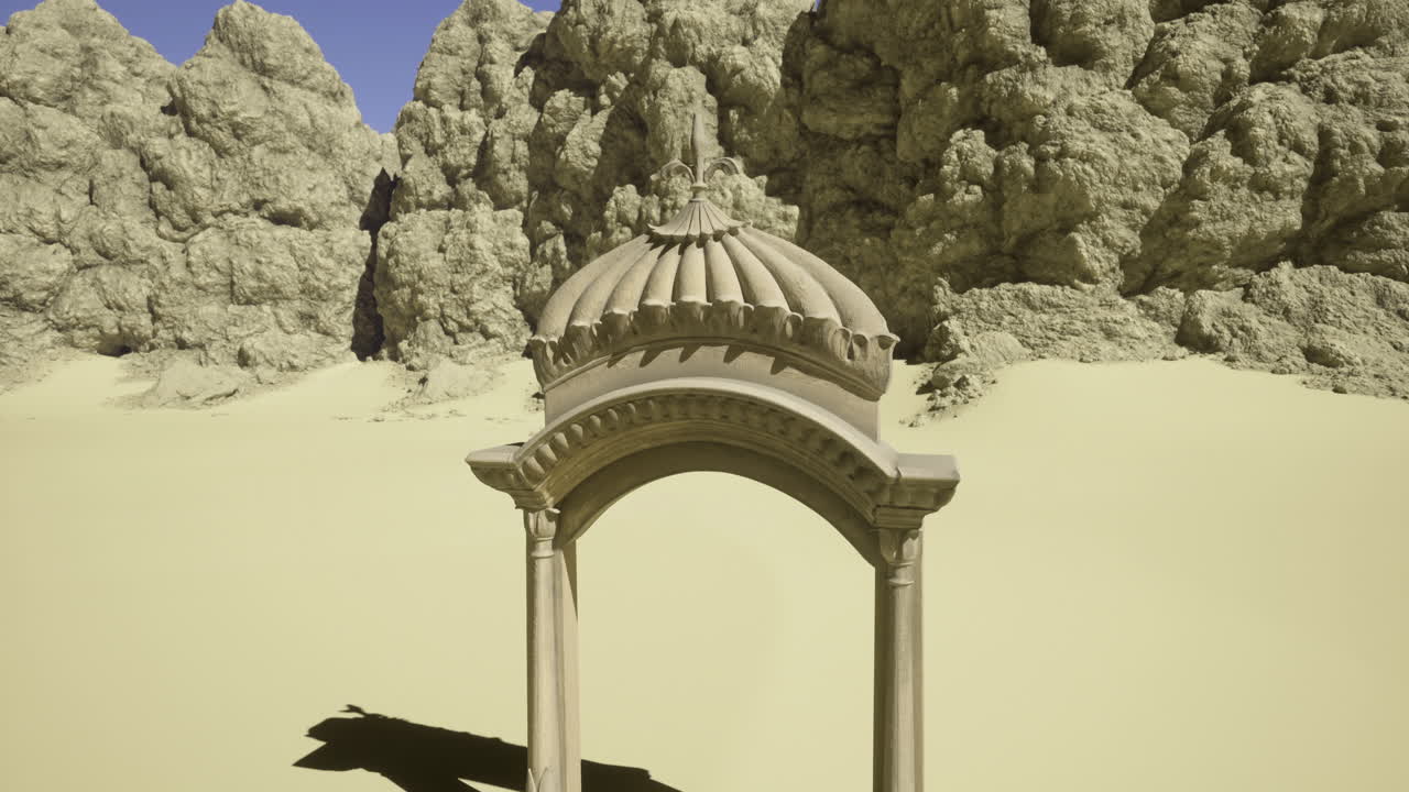 Sandstone arch stands majestically in arid desert landscape under clear sky