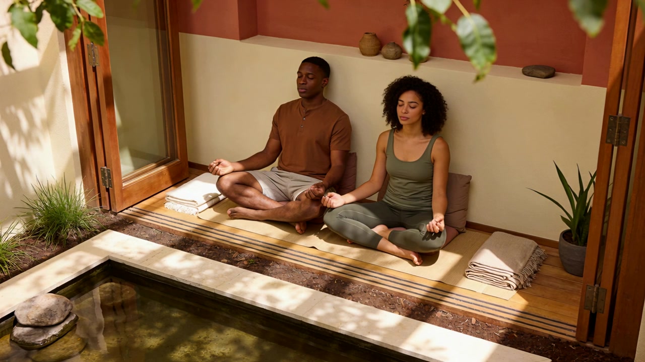 Una coppia con gli occhi chiusi pratica la meditazione seduta in un'alcova vicino a uno stagno, in abiti da yoga e con tappetini.