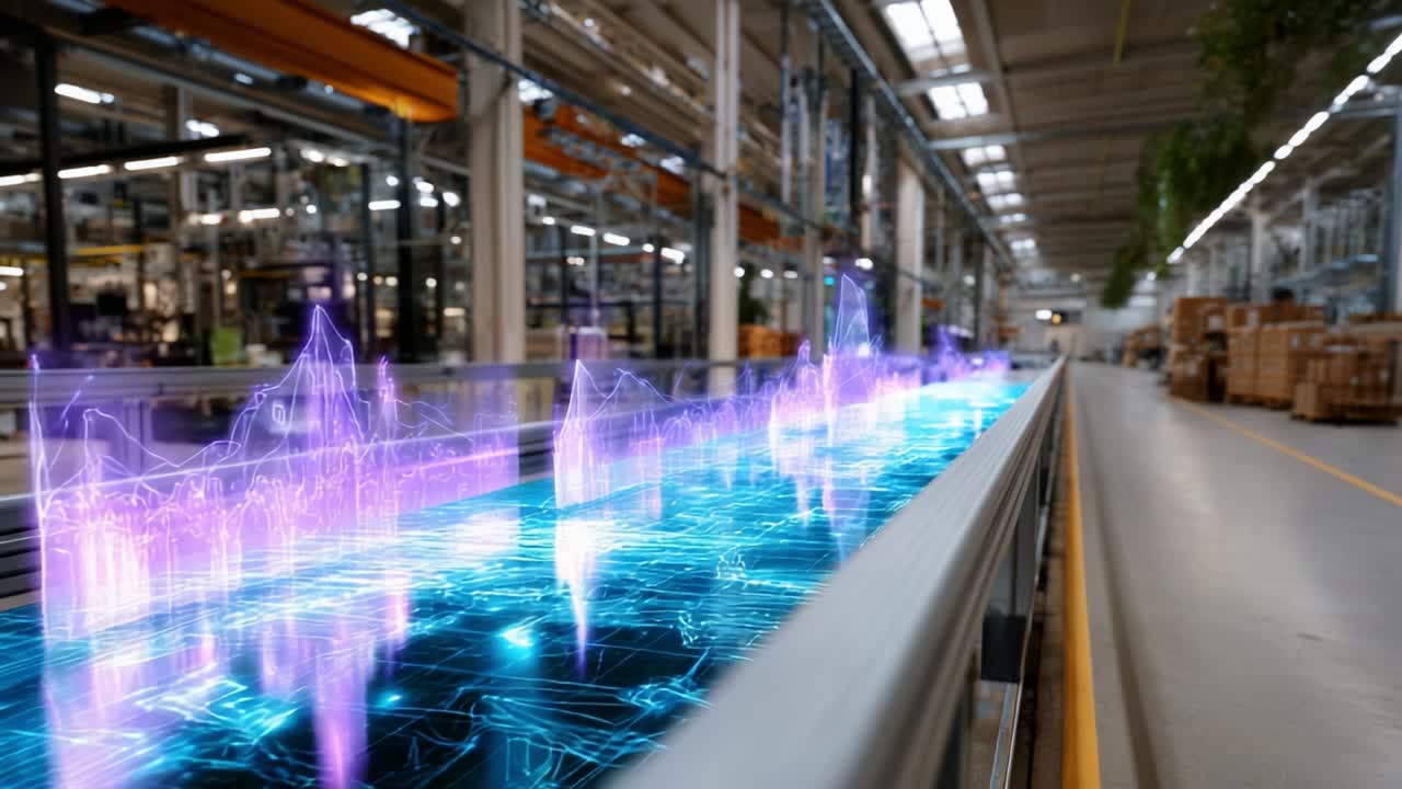 A futuristic digital display of vivid holographic data waves illuminates a modern industrial environment, showcasing the advanced technological integration into manufacturing processes and operations