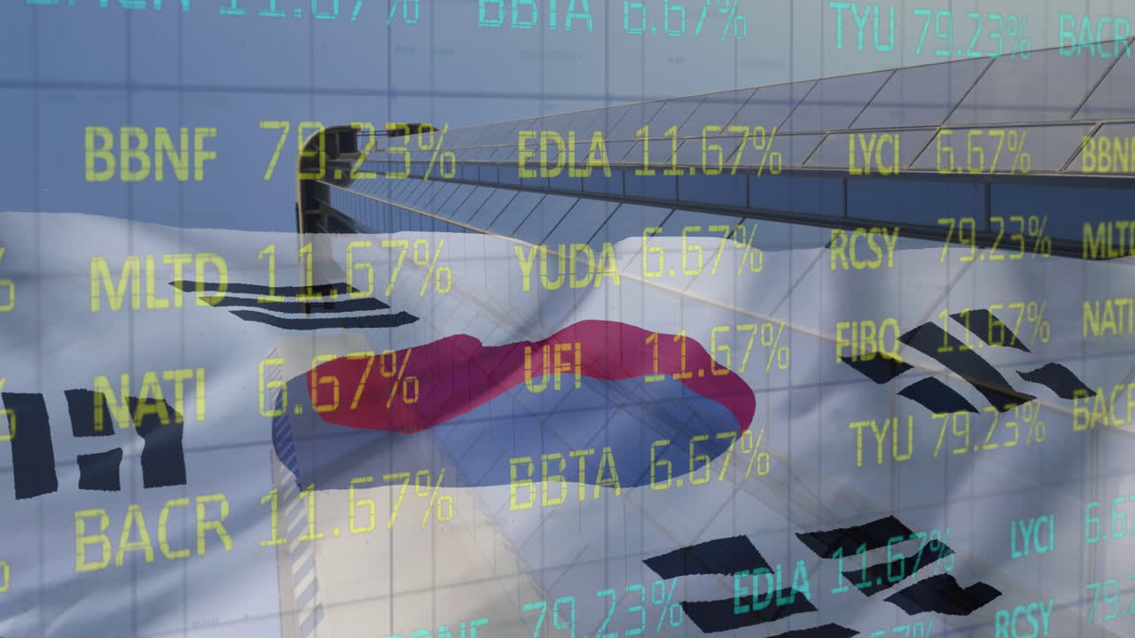 анимация фондового рынка и флага южной кореи над зданиями