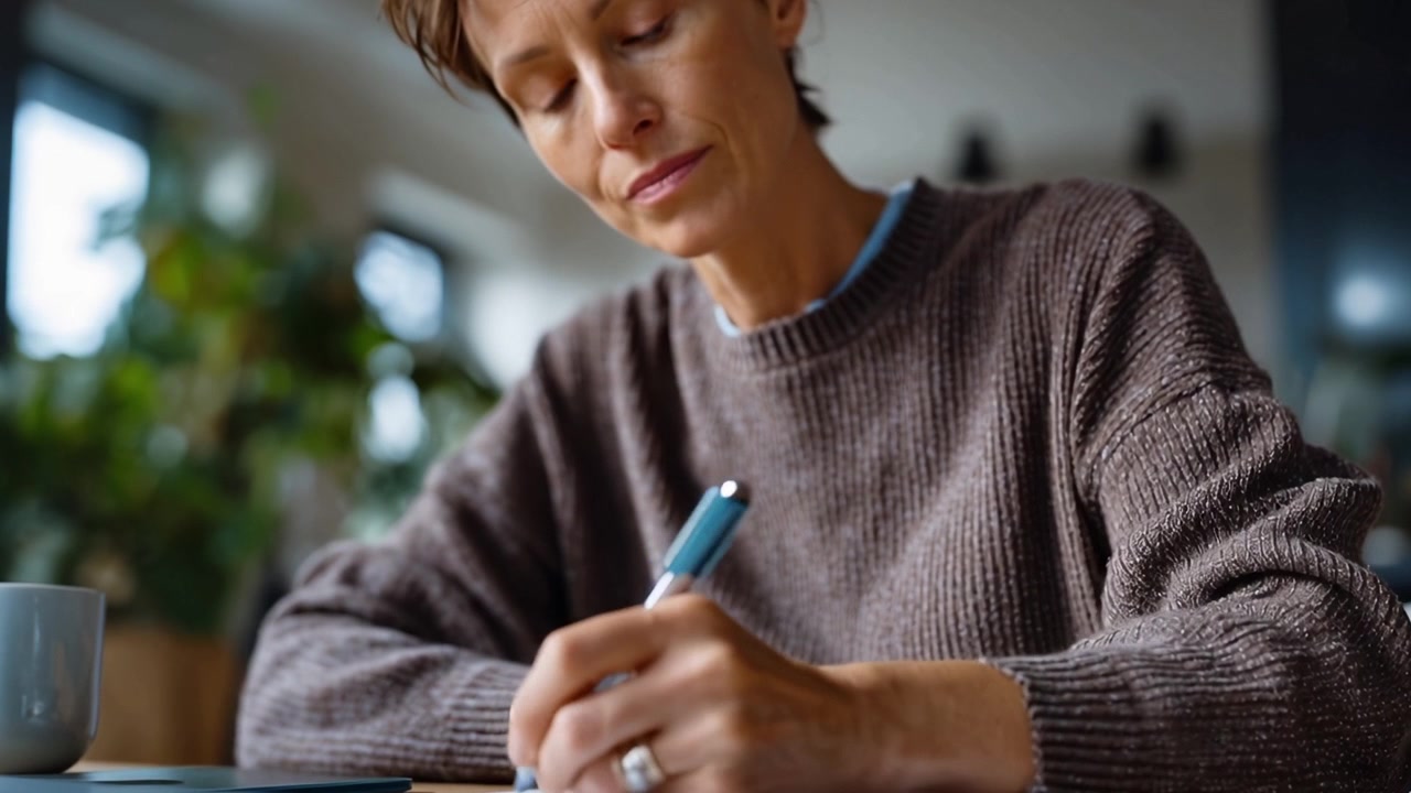 Focused Woman Writing Notes with a Pen on Paper