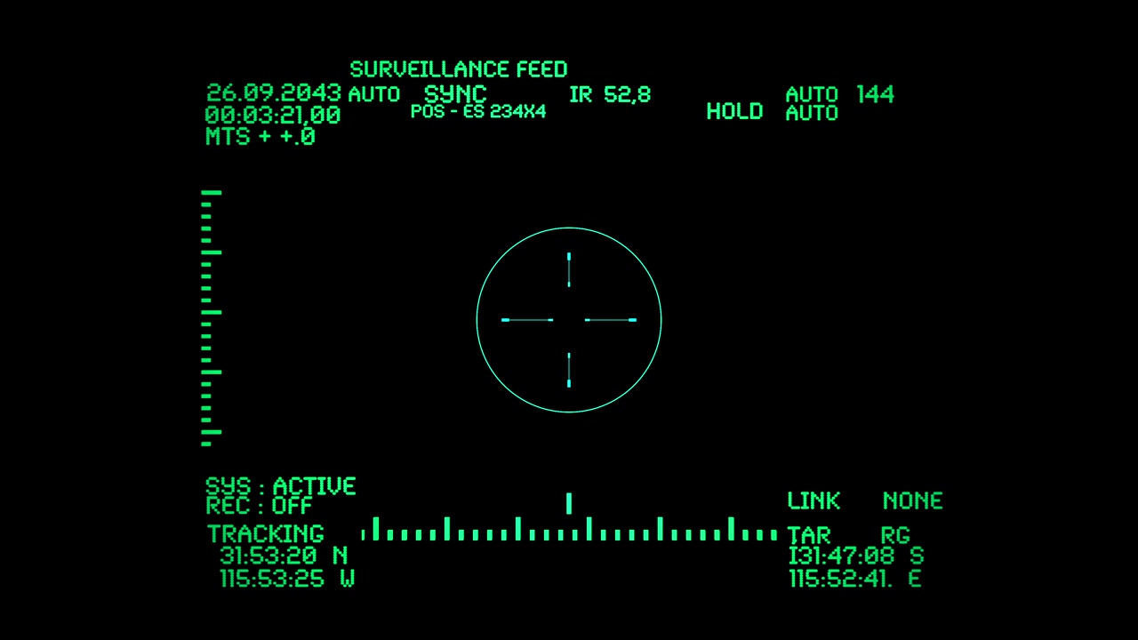 A night vision surveillance targeting HUD displaying tactical tracking interface elements, telemetry indicators, and targeting reticles.