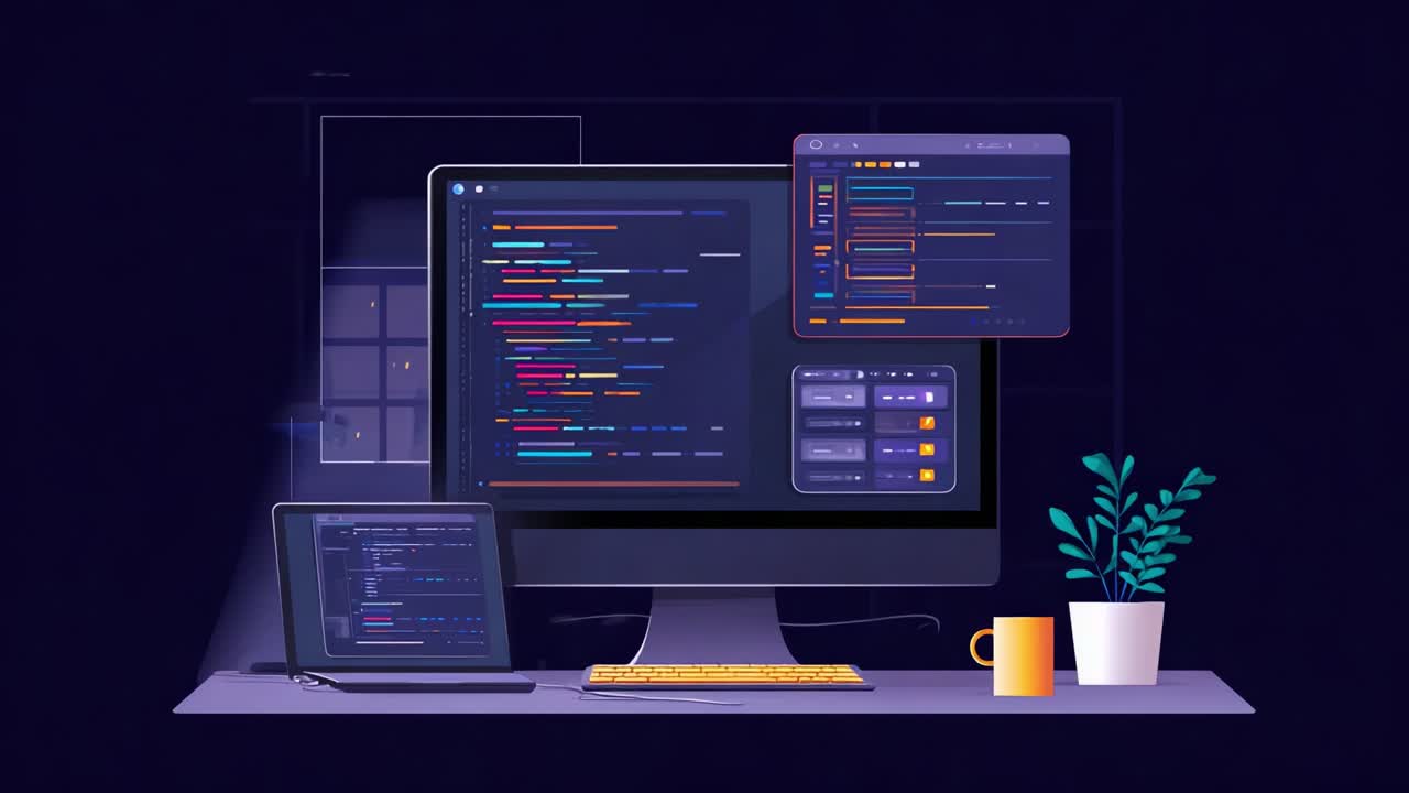 A visually stunning digital workspace featuring advanced programming interfaces with vibrant code, multiple screens, and a plant for an energizing ambiance