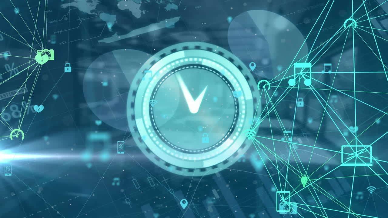 파란색 배경에 금융 데이터 처리 위에 움직이는 시계의 애니메이션