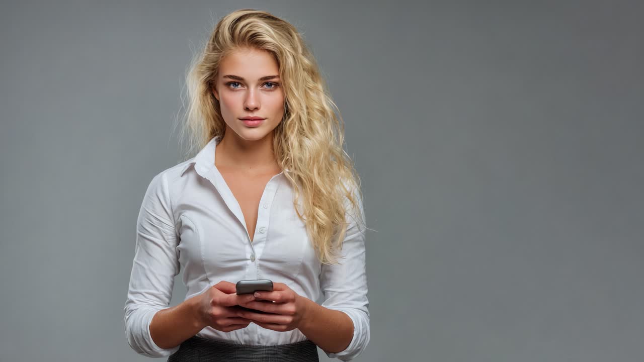 Una giovane donna assorta nel suo smartphone, che mostra intensa concentrazione e connettività moderna in un ambiente di studio minimalista