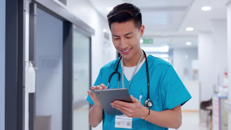 smile, nurse and asian man research on tablet