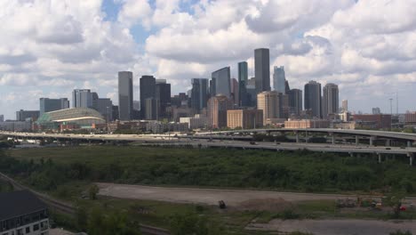 establishing drone shot of downtown houston, texas