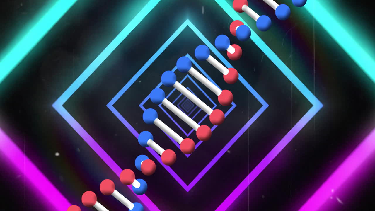 네온 기하학 모양으로 된 dna 줄무, 과학 데이터 애니메이션을 표시합니다.