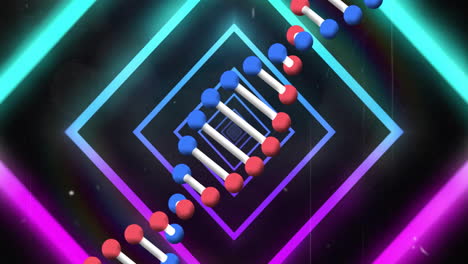 dna strand with neon geometric shapes, displaying scientific data animation