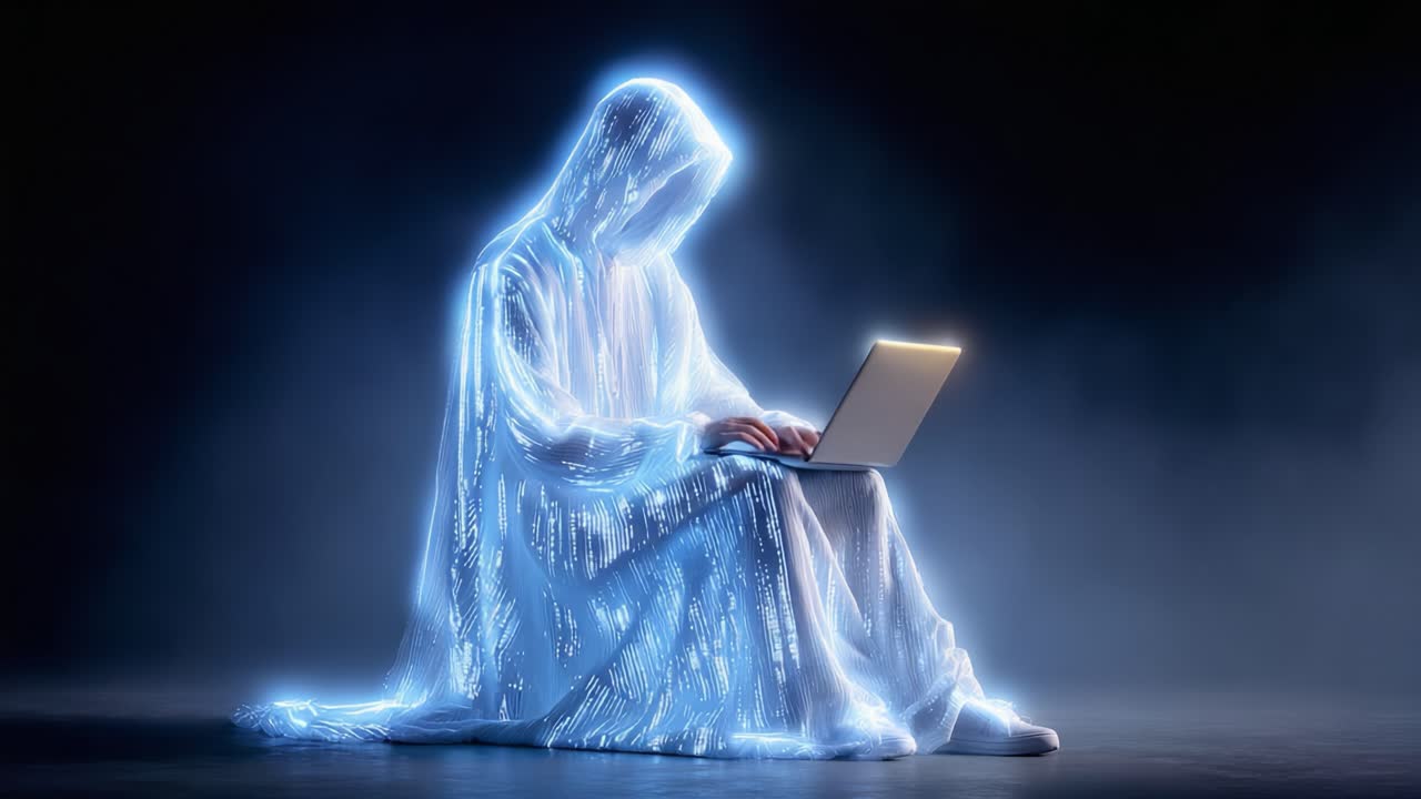 A Mysterious Ethereal Figure Engaged in Deep Thought While Operating a Laptop in a Dark, Enigmatic Atmosphere of Light and Shadow
