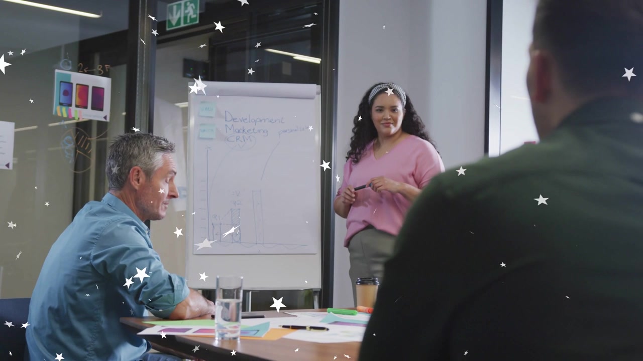 Presenter gesturing with marker and seeking design feedback as star overlays highlighting flipchart