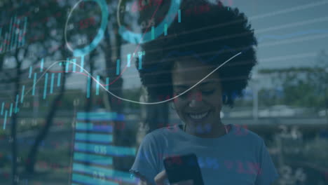 animation of statistical data processing over african american woman taking a selfie on street
