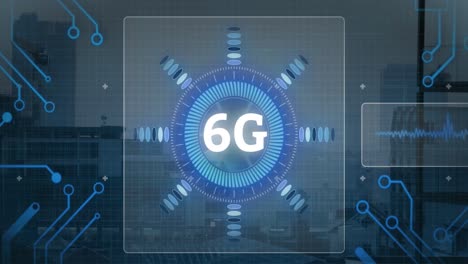 Animation-of-6g-text,-data-processing-and-computer-circuit-board