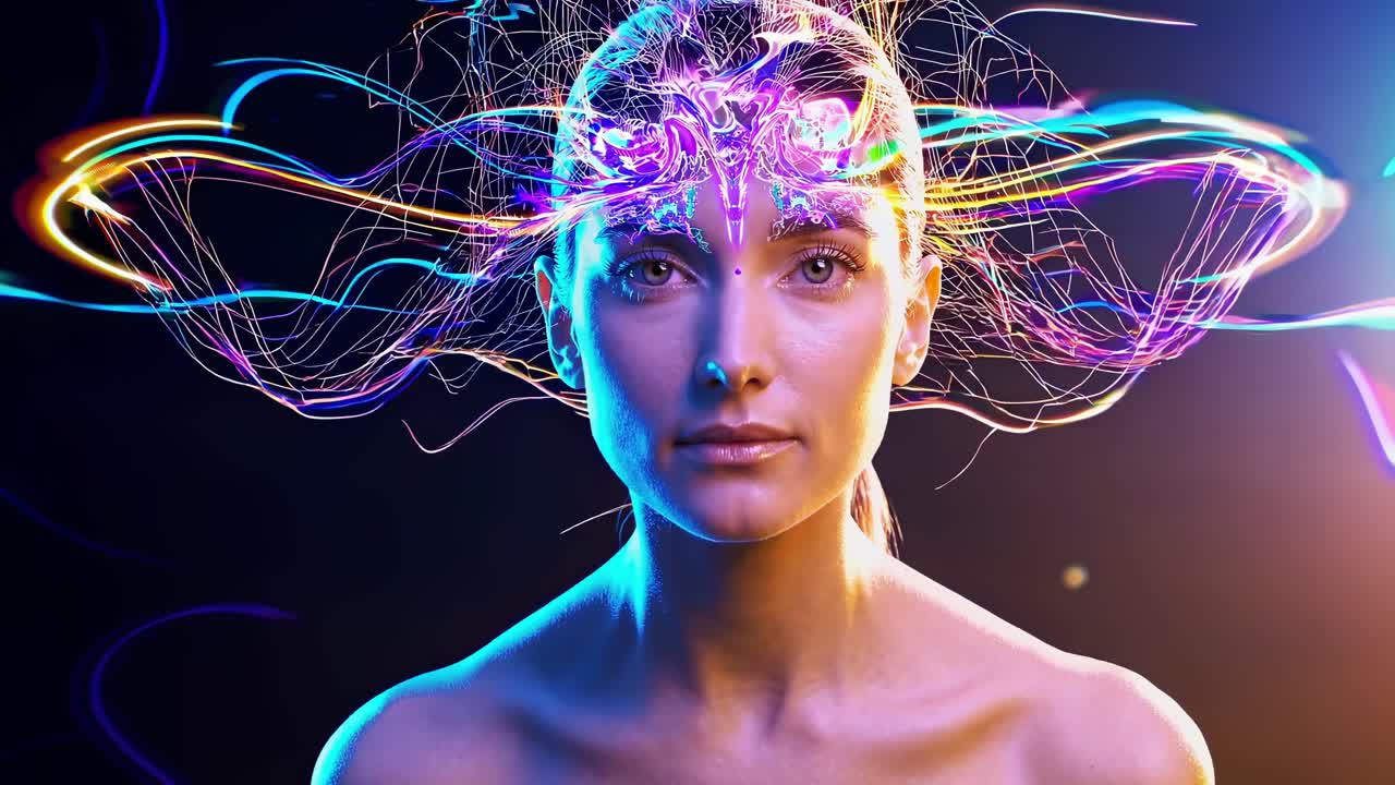 Luminous digital lines radiating from female head, visualizing neural connectivity and technological consciousness within shadowy digital landscape