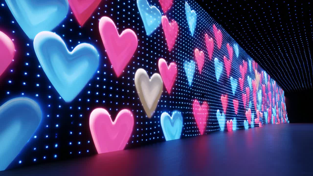 Captivating Display of Colorful Hearts on a Digital Wall, Illuminated with Vibrant Neon Lights, Creating a Warm and Inviting Atmosphere Perfect for Celebration and Entertainment