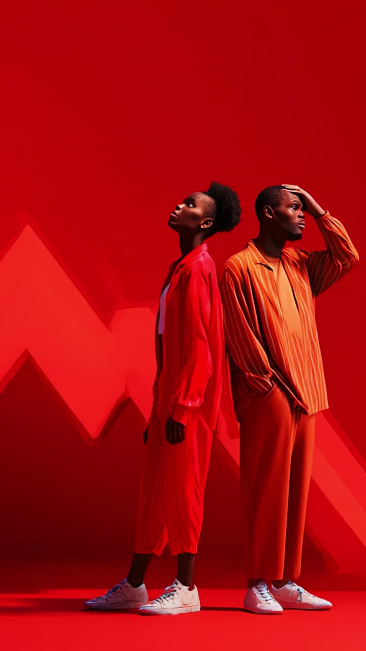 Dynamic Fashion Portraits Featuring Individuals in Vibrant Red Color Palette Showcasing Modern Streetwear Styles and Unique Posing Against a Bold Background