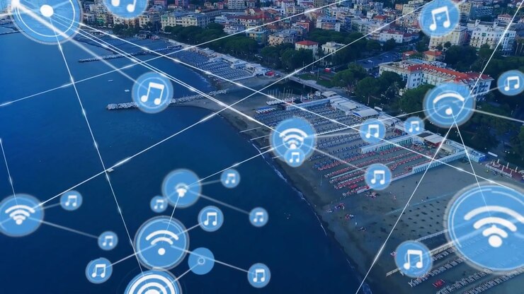 Marcatore luminoso che appare sulla costa, con una rete che si espande collegando nodi Wi-Fi e musicali, mappatura.
