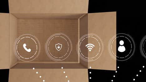 Animation-of-data-processing-with-icons-over-cardboard-box