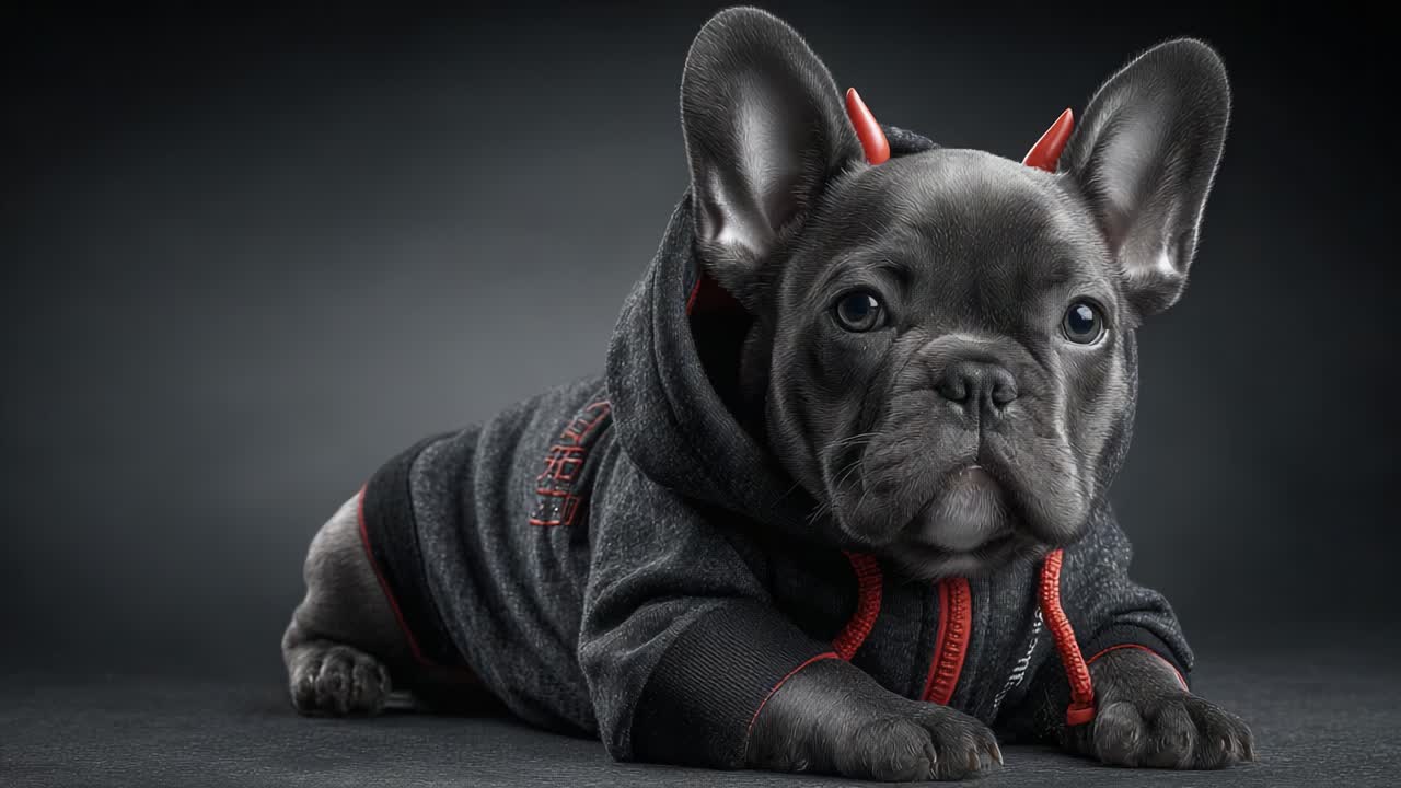 A Stylish French Bulldog in a Sporty Hoodie with Playful Devil Horns Captured in an Artistic Background, Showcasing an Adorable and Unique Personality