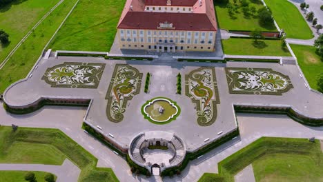 Schloss-Hof-Palace-And-Its-Baroque-Garden-In-Austria---aerial-shot