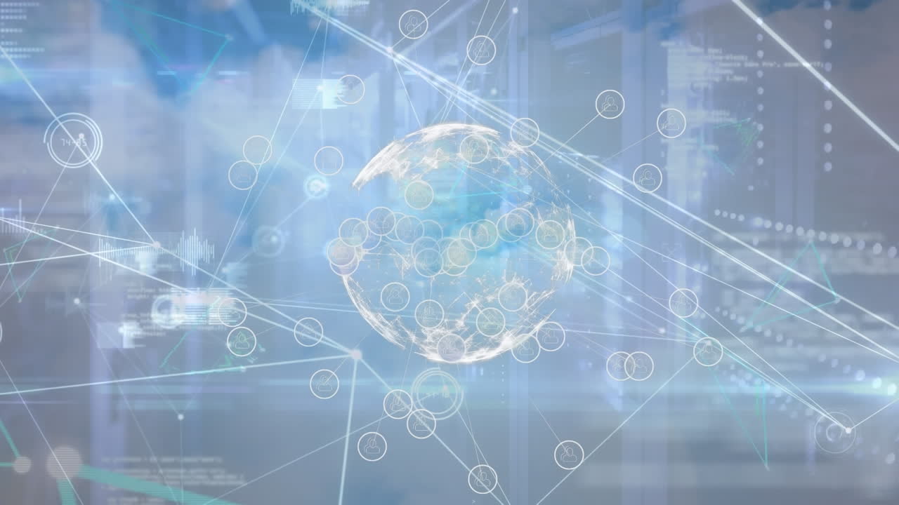 파란색 배경에 연결 및 데이터 처리를 가진 지구의 애니메이션