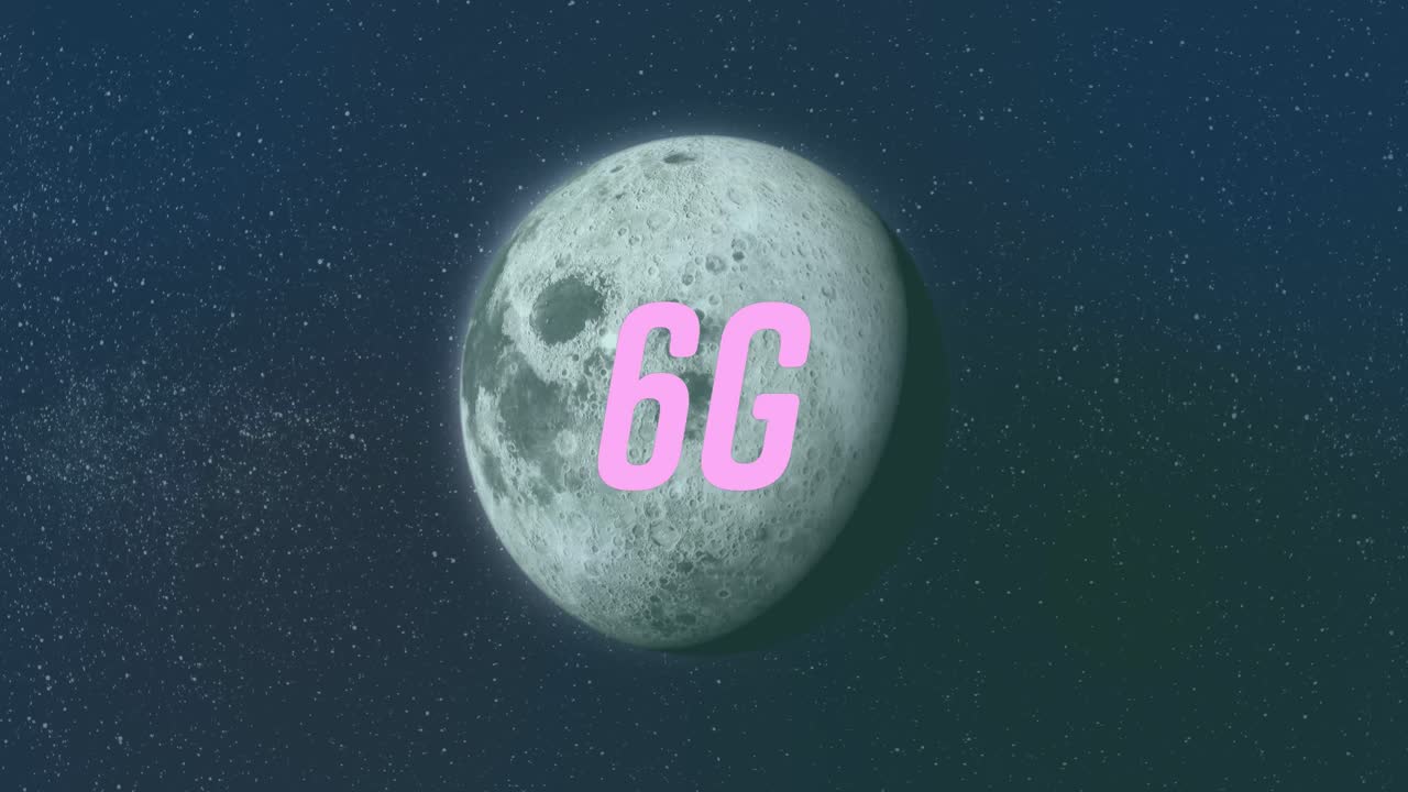 animación de un cartel de texto de 6g contra la luna giratoria en el espacio