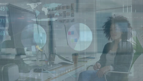 animation of statistical data processing against african american woman taking notes at office