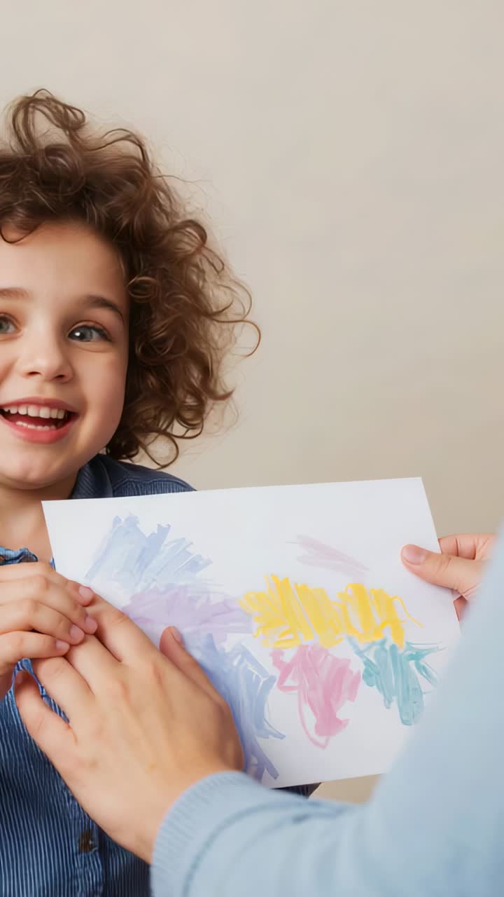 Vertical video: Reaching adult hand taking painting while child holding at home in blue, copy space