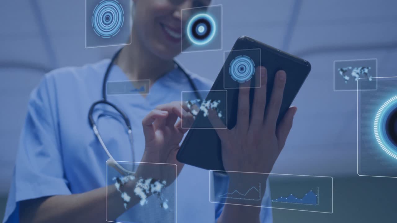 태블릿을 사용하는 백인 여성 의사에 대한 데이터 처리 애니메이션