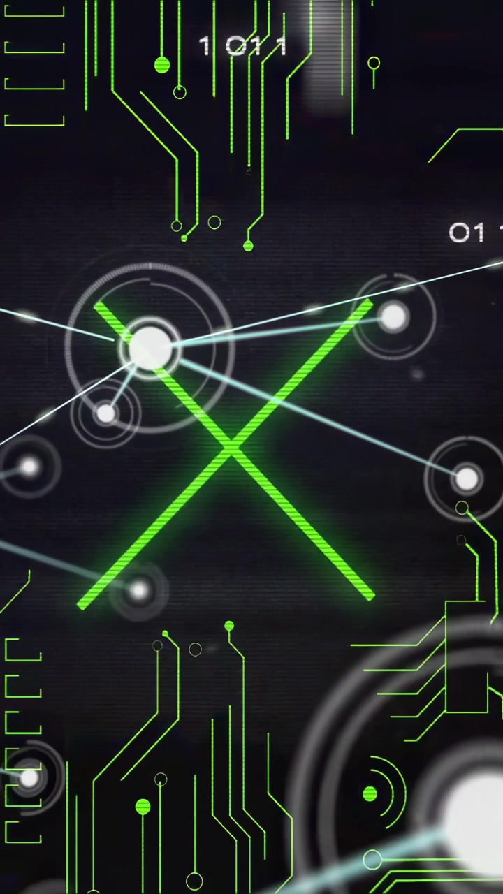 Vertical video: Center hub pulsing and sparking cyan lines linking ringed nodes, mapping tech data