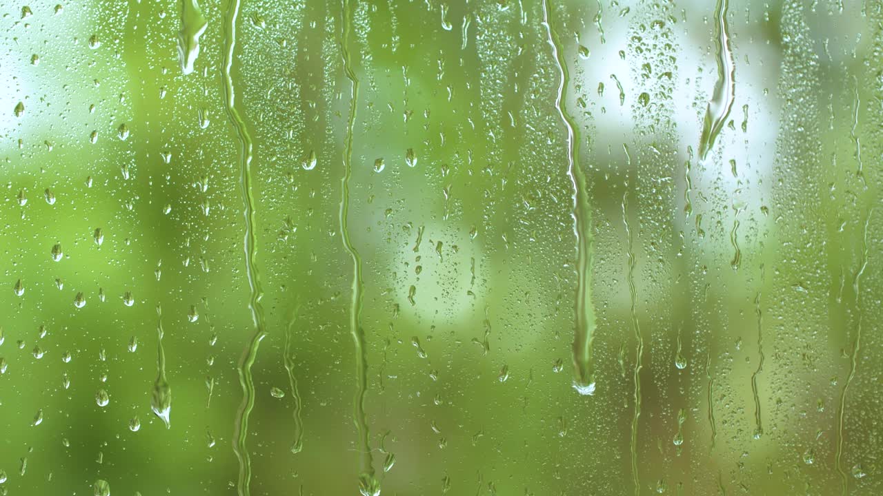 Nature water rainfall, rain drops texture on window glass, blurred green trees