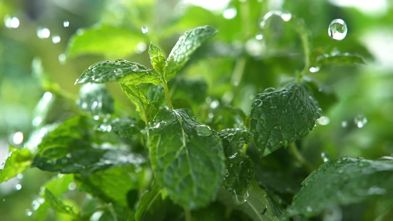 hierbas de menta regadas por la lluvia de primavera salpicando sus hojas verdes y perfumadas - macro y cámara lenta