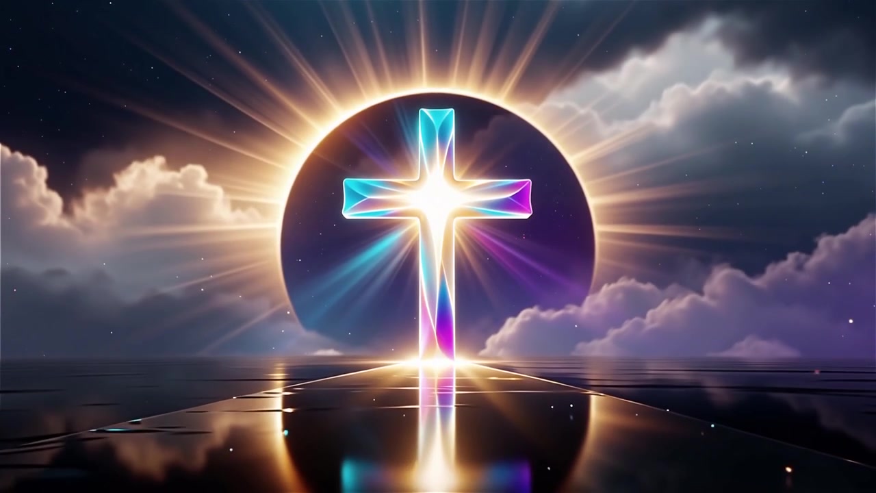Croce Cristiana Luce Celestiale Sfondo per il Culto.