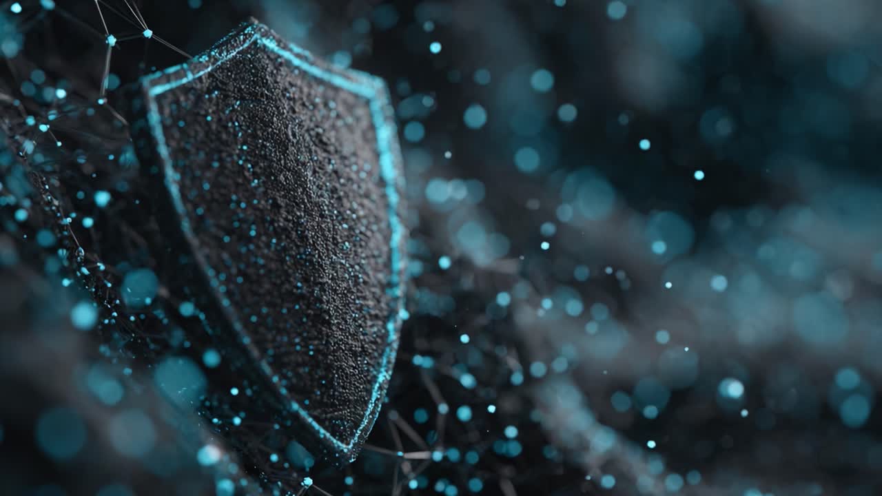 Digital Shield Symbolizing Cybersecurity in a Data-Driven World, Featuring a High-Tech Design with Blue Particles Representing Protection and Safety Networks