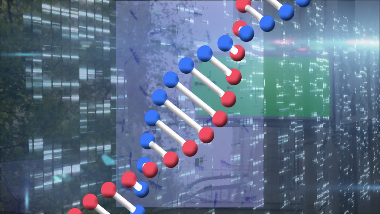 Molecular structure floating over city skyline, featuring red and blue spheres with white rods