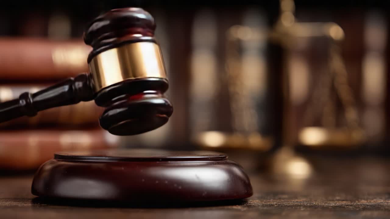 Un primo piano di un martelletto di legno su una base marrone con bilance della giustizia sullo sfondo, che riflettono giustizia e legge in un'aula di tribunale