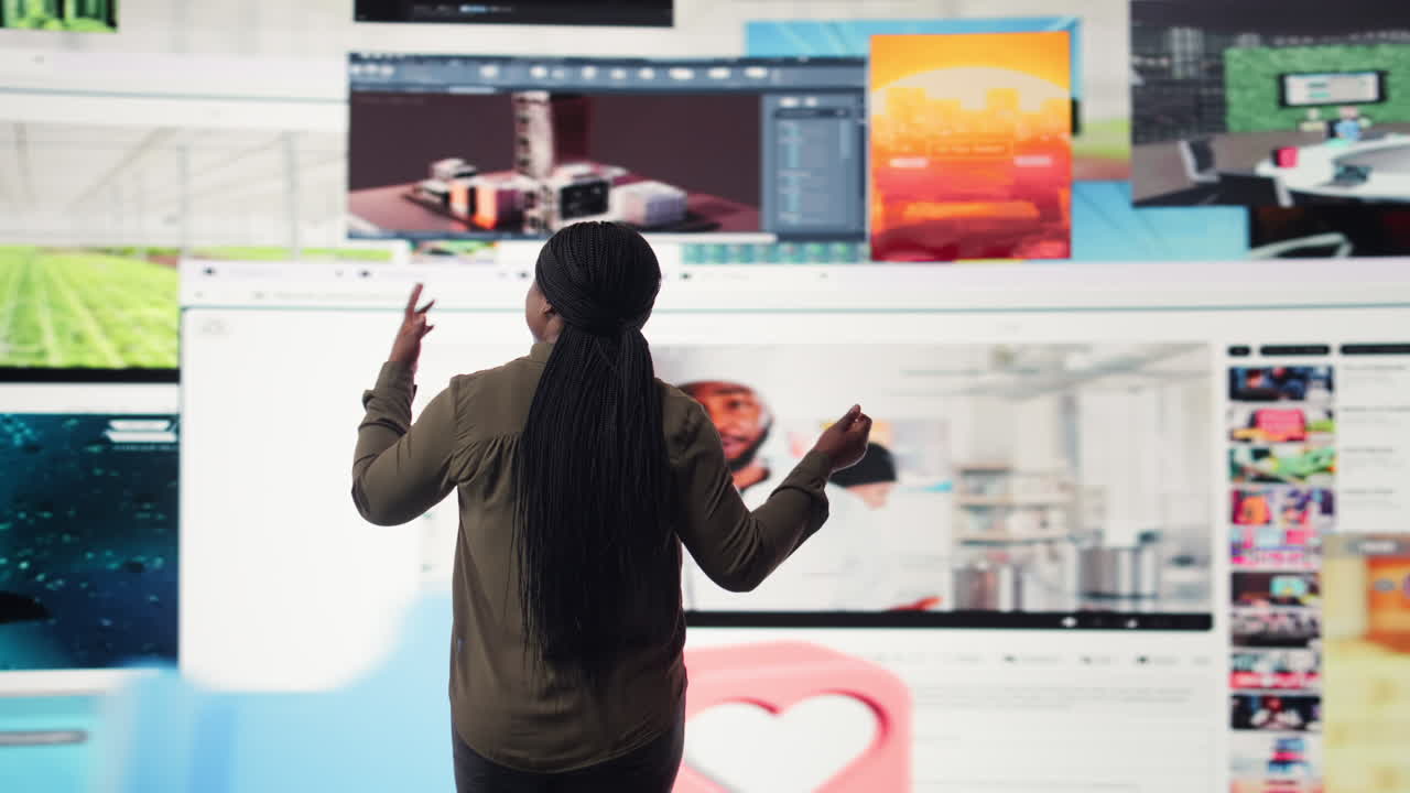 Woman looks at mixed videos mosaic mirroring modern media consumption habits