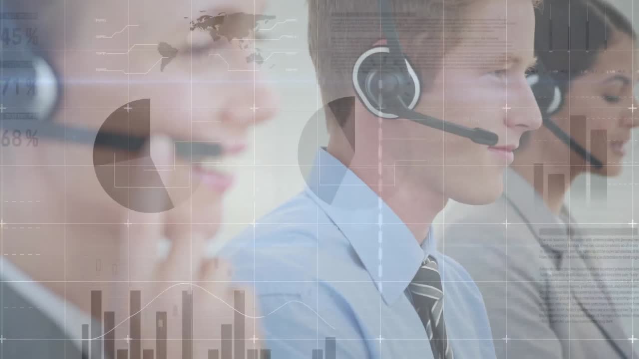 animación del registro de estadísticas sobre personas de negocios que usan auriculares telefónicos