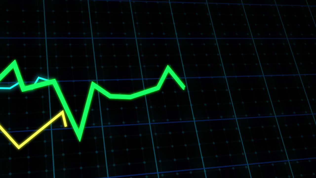 Animazione di tracciamento di linee ed elaborazione di dati finanziari su sfondo nero