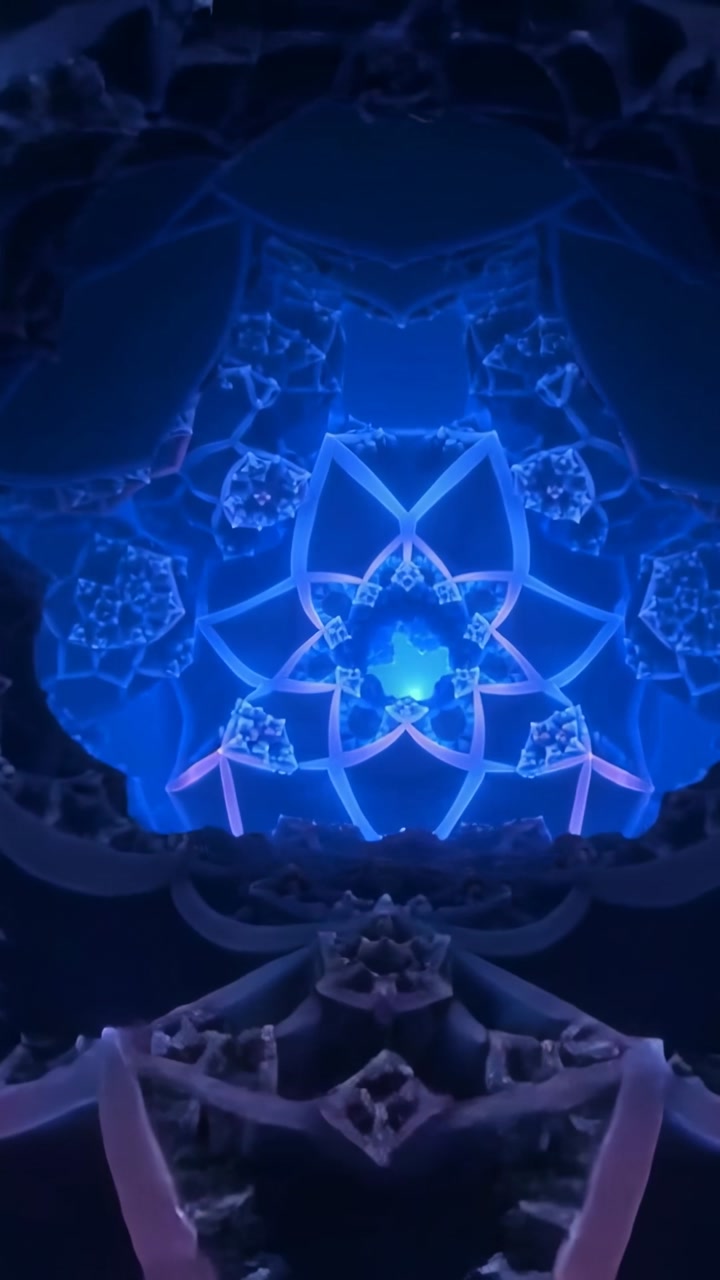 Vertical video: Moving camera revealing nested mandala layers in void, neon rims pulsing, blue core